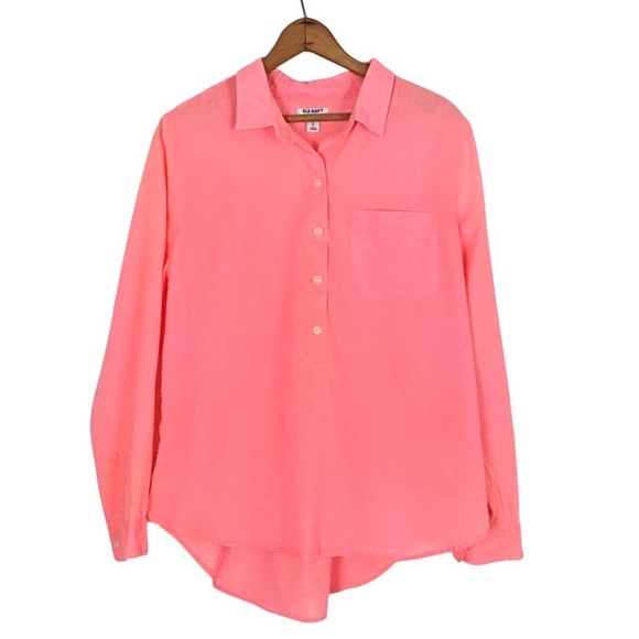 Old Navy Pink Neon Swiss Dot Popover Top Long Sleeve Semi Sheer Button Blouse L - Picture 1 of 16